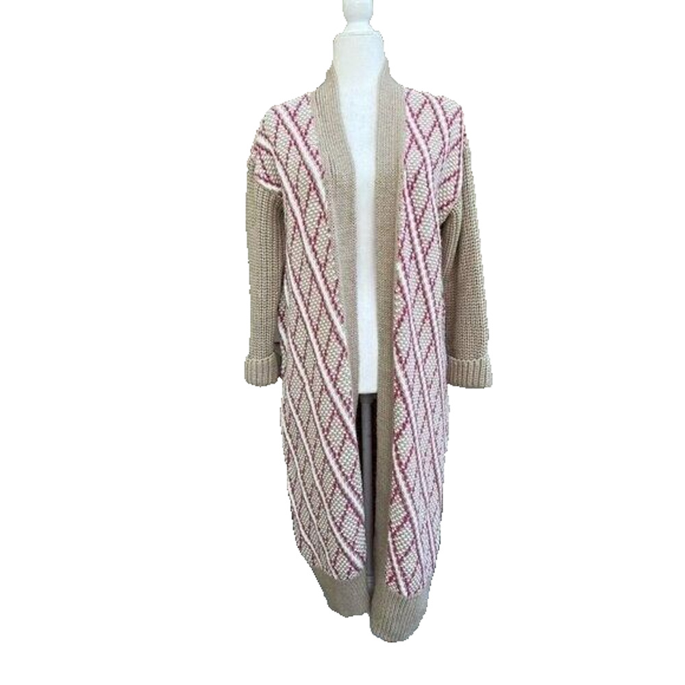 Anthropologie long cable knit cardigan boho geometric sweater size XS A000210